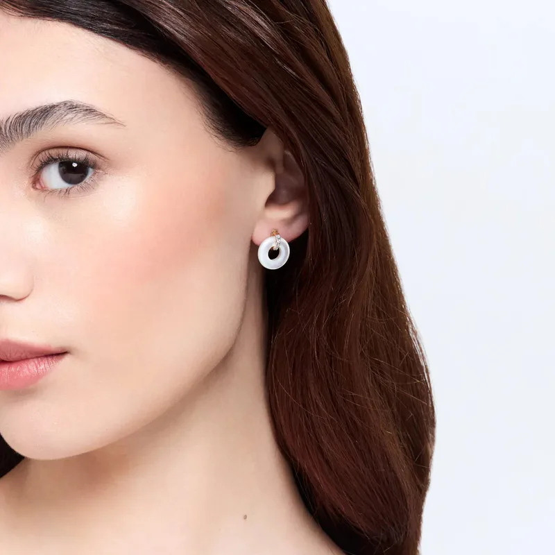 14kt Mother of Pearl Donut and Diamond Door Knocker Earrings