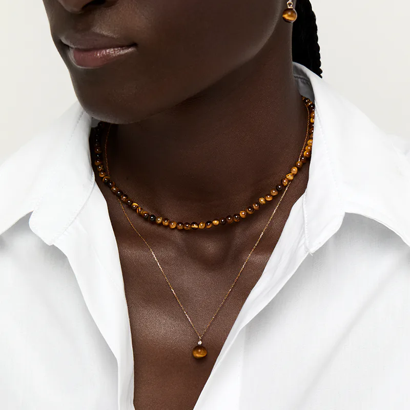 14kt Tigers Eye Diamond Dot Necklace