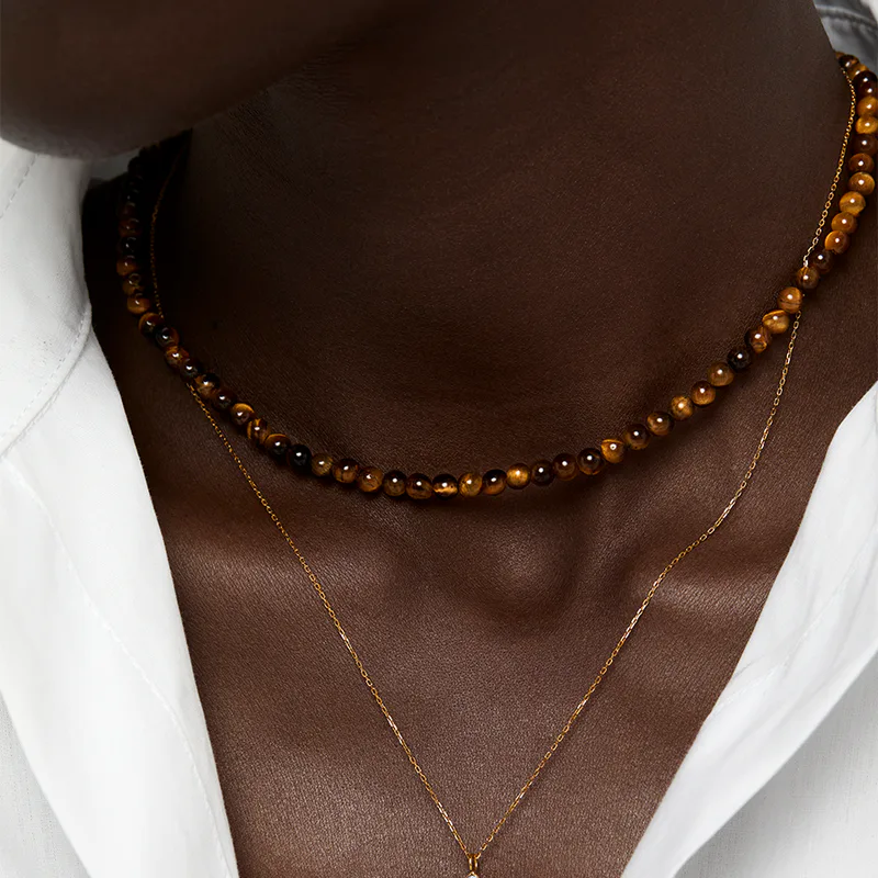 14kt Tigers Eye Diamond Dot Necklace