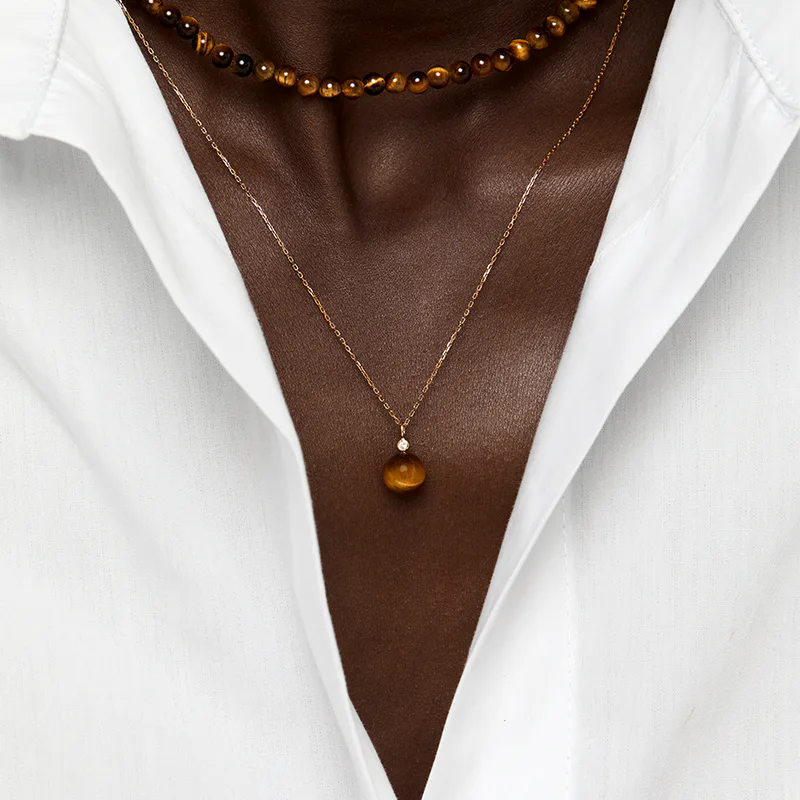 14kt Tigers Eye Diamond Dot Necklace