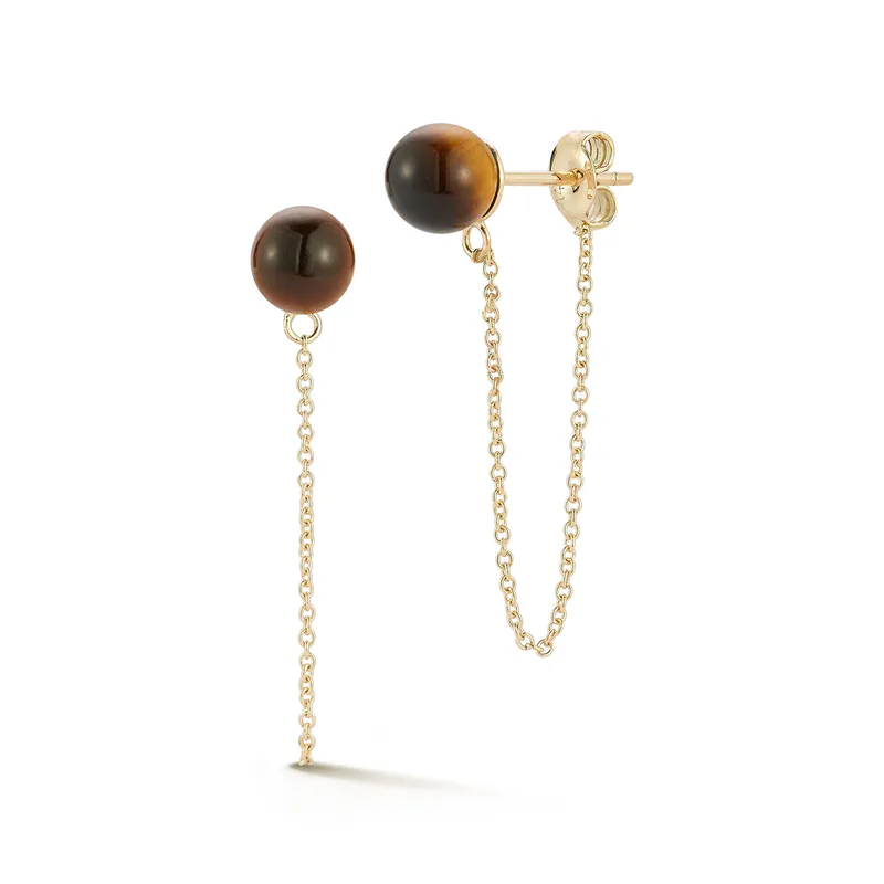 14kt Tigers Eye Studs with Chain Drop Earrings