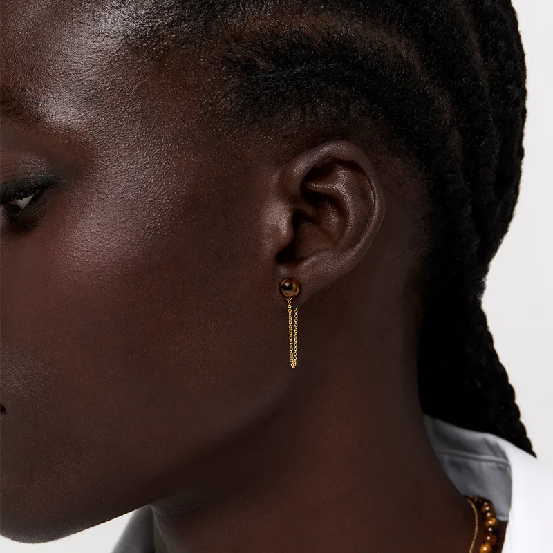 14kt Tigers Eye Studs with Chain Drop Earrings