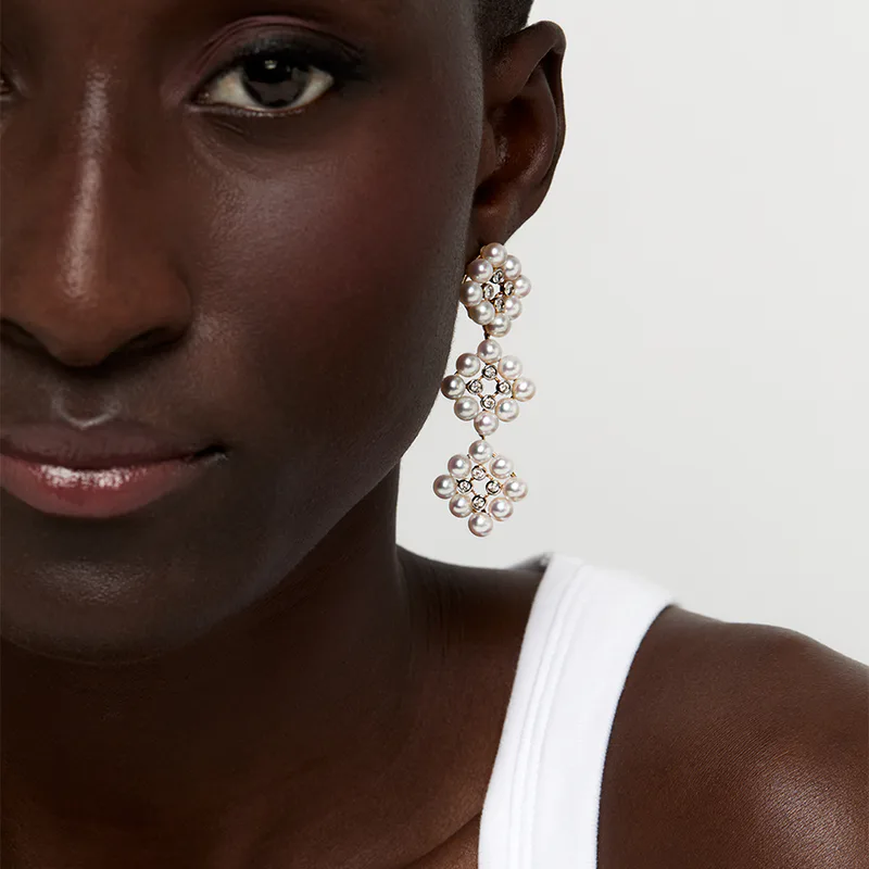 14kt Pearls and Diamond Cluster Drop Earrings