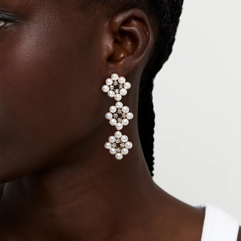 14kt Pearls and Diamond Cluster Drop Earrings