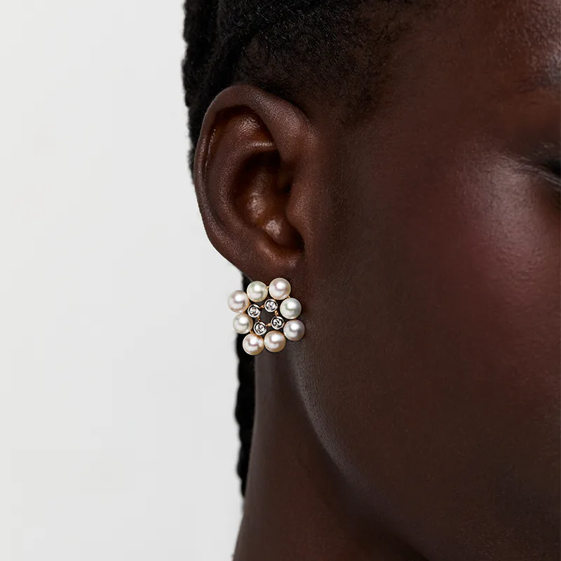 14kt Pearls and Diamond Cluster Stud Earrings