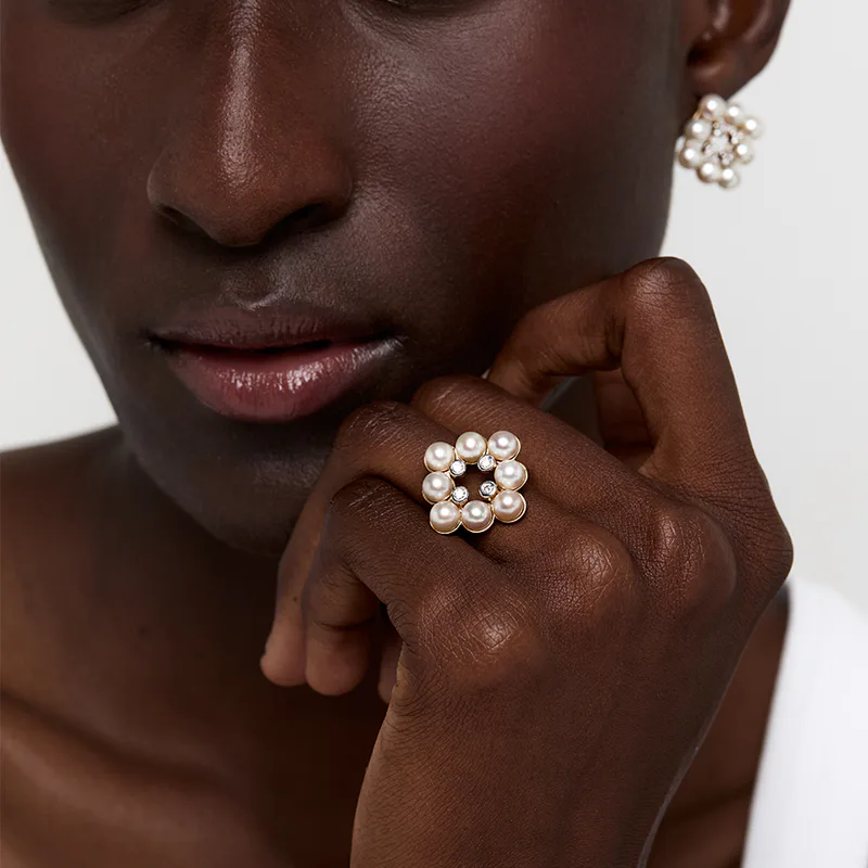 14kt  Pearls and Diamond Cluster Ring