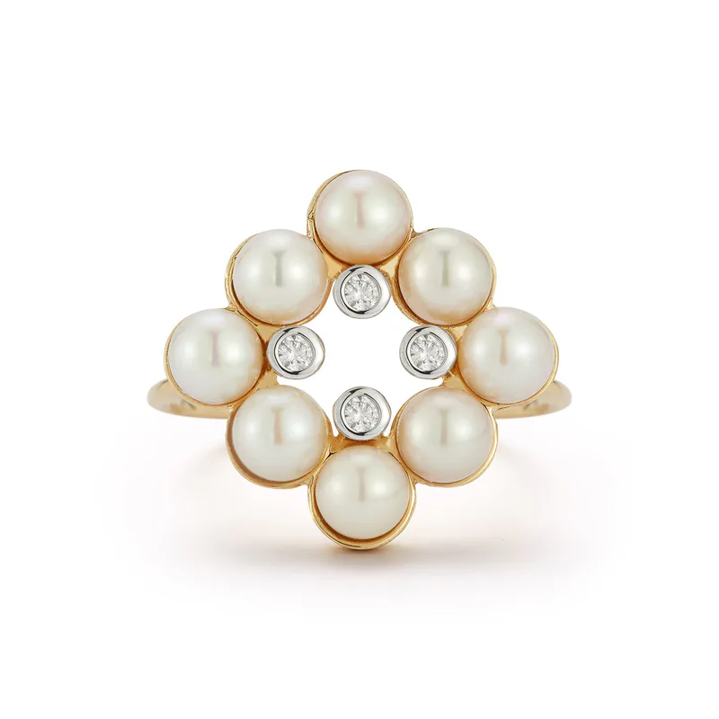 14kt  Pearls and Diamond Cluster Ring