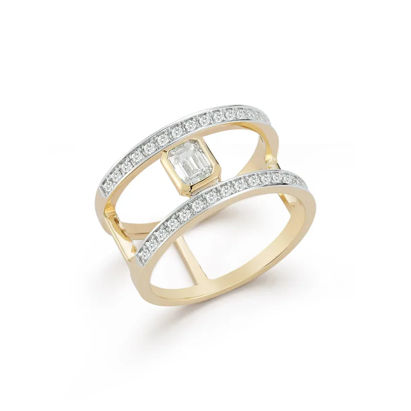 14kt La Barre Double Bar Emerald Cut Diamond Ring
