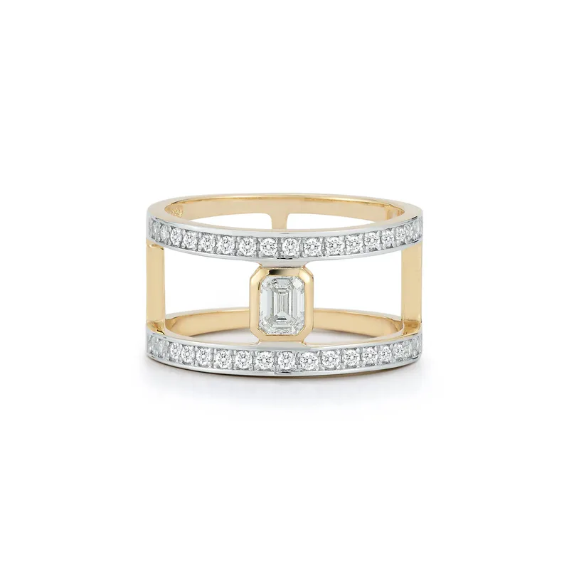 14kt La Barre Double Bar Emerald Cut Diamond Ring