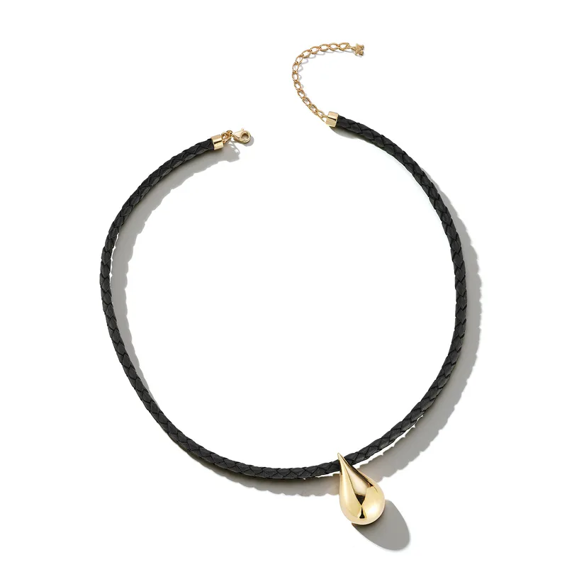 14kt Water Droplet on Leather Necklace