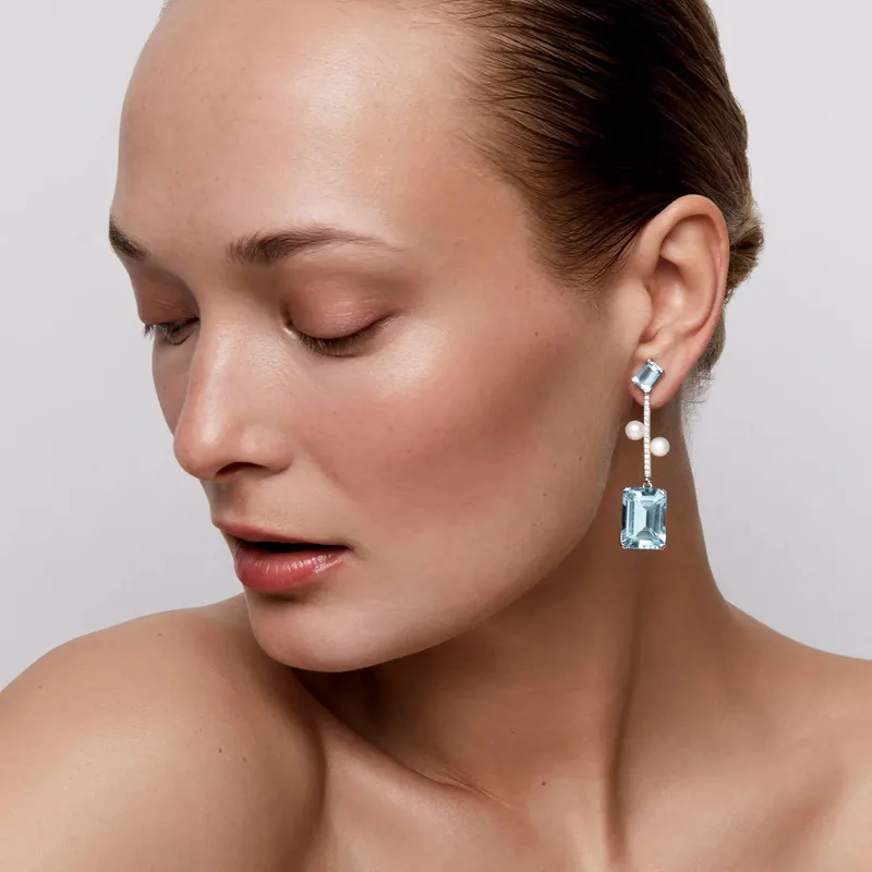 14kt Aquamarine, Blue Topaz  and Pearl Statement Earring