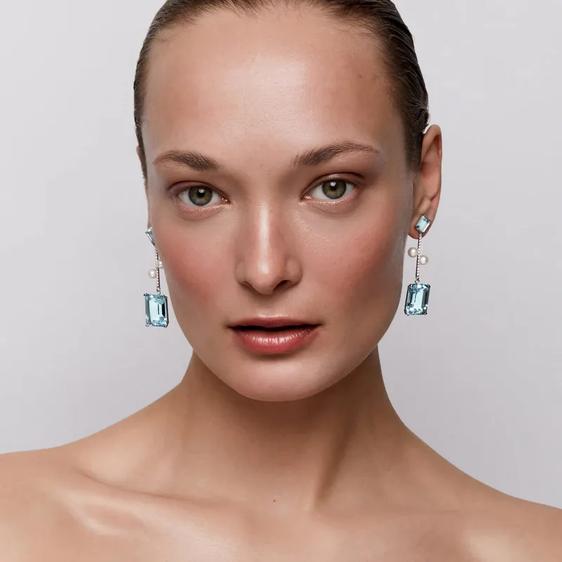 14kt Aquamarine, Blue Topaz  and Pearl Statement Earring