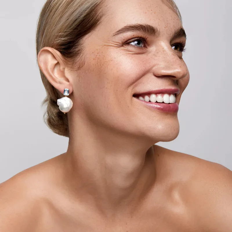 14kt Blue Topaz and Baroque Pearl Drop Earrings