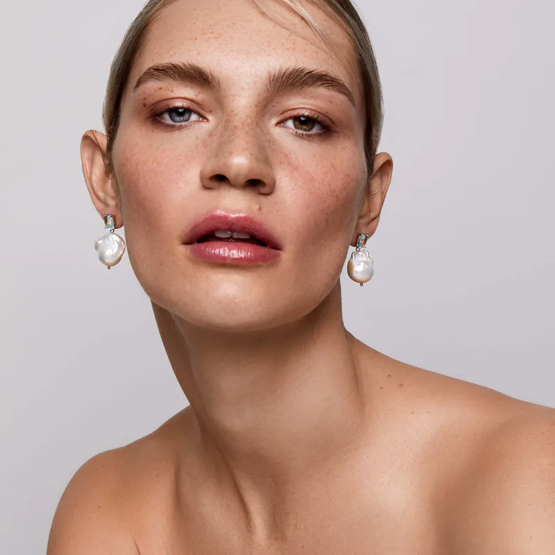 14kt Blue Topaz and Baroque Pearl Drop Earrings