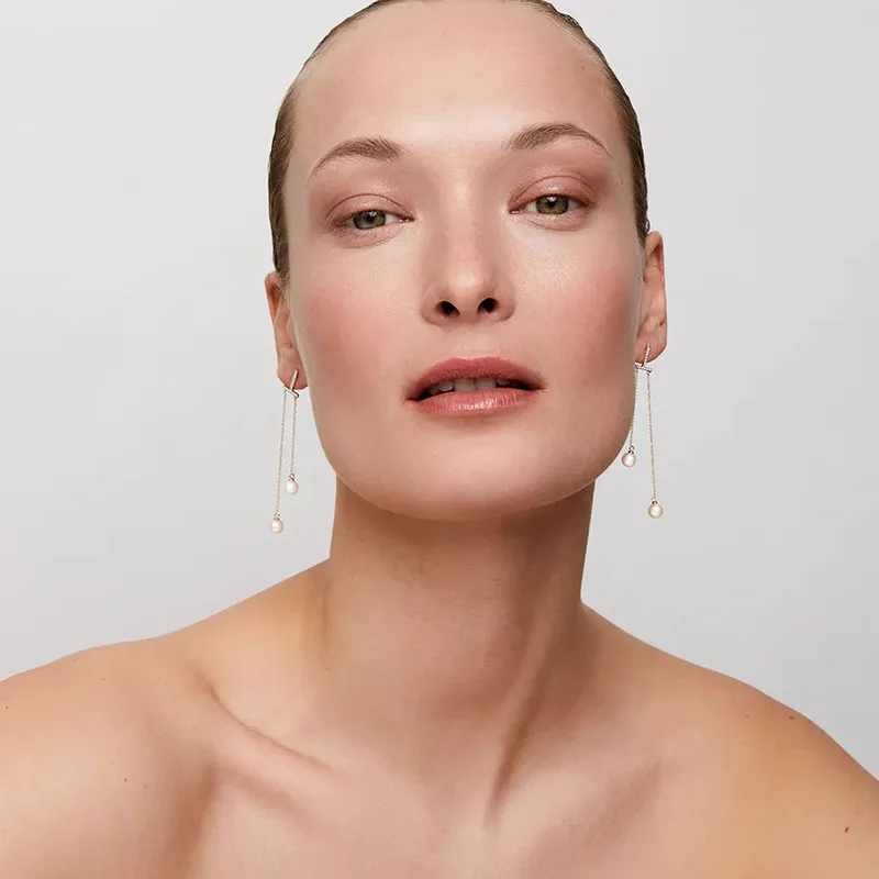 14kt Gold Diamond Bar Duo Pearl Drop Earring