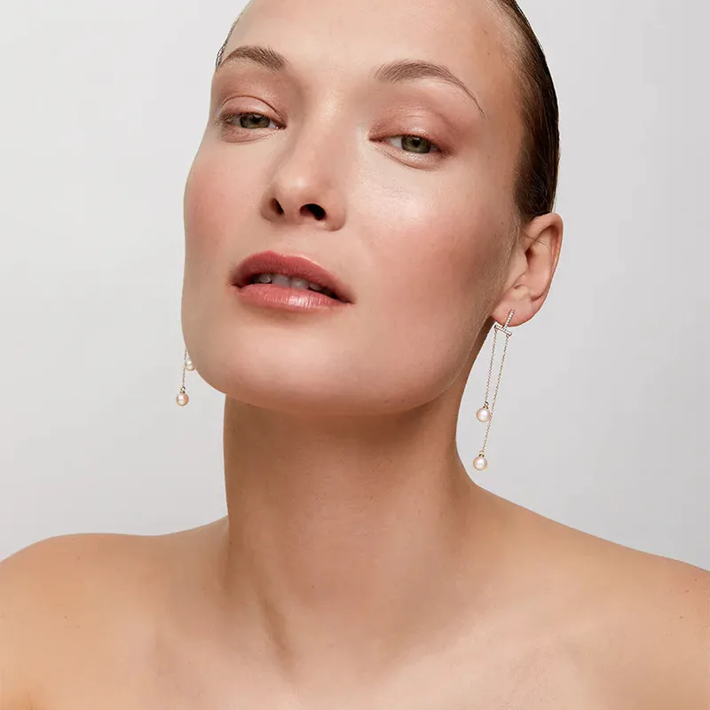 14kt Gold Diamond Bar Duo Pearl Drop Earring