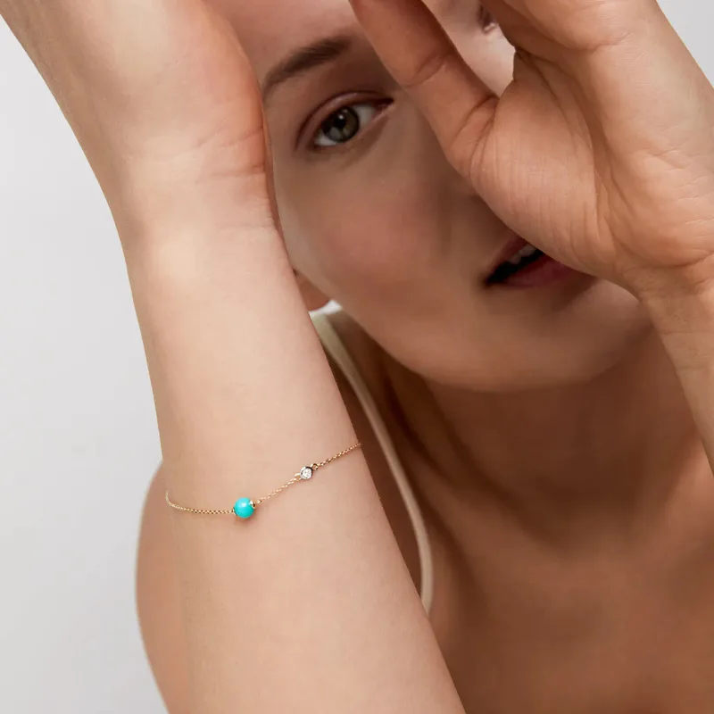 14kt Gold Turquoise and Diamond Dot Bracelet