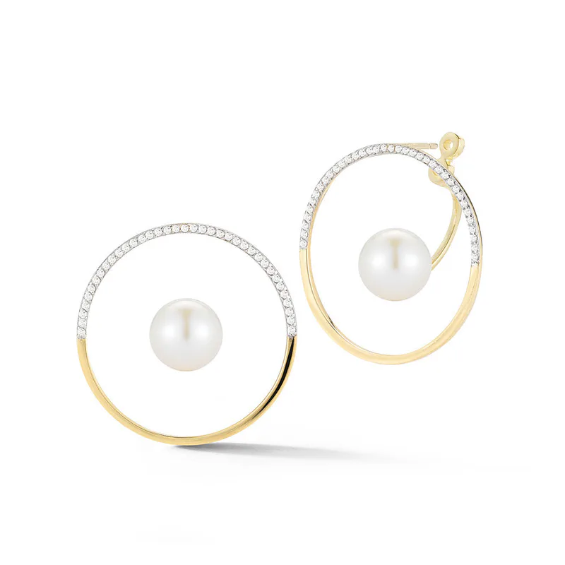 14K Gold Half Moon Floating Pearl Hoop
