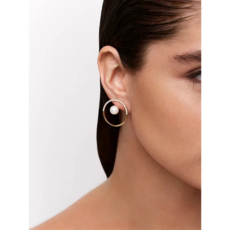 14K Gold Half Moon Floating Pearl Hoop