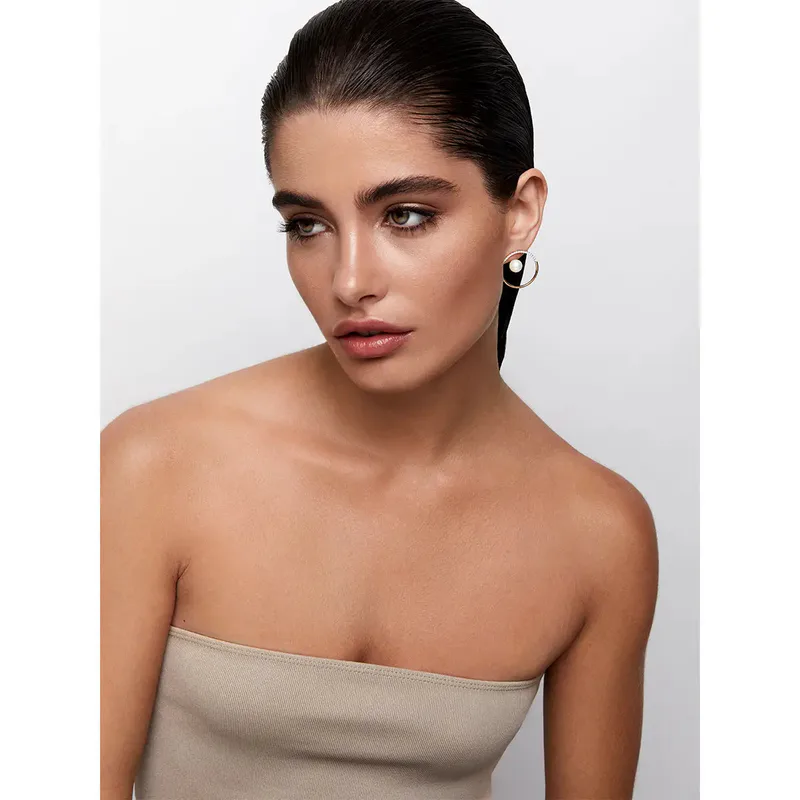 14K Gold Half Moon Floating Pearl Hoop