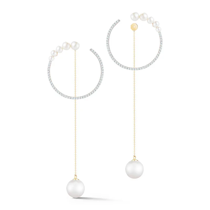 14kt Gold Graduated Pearl Hoop with Pearl Drop earrings