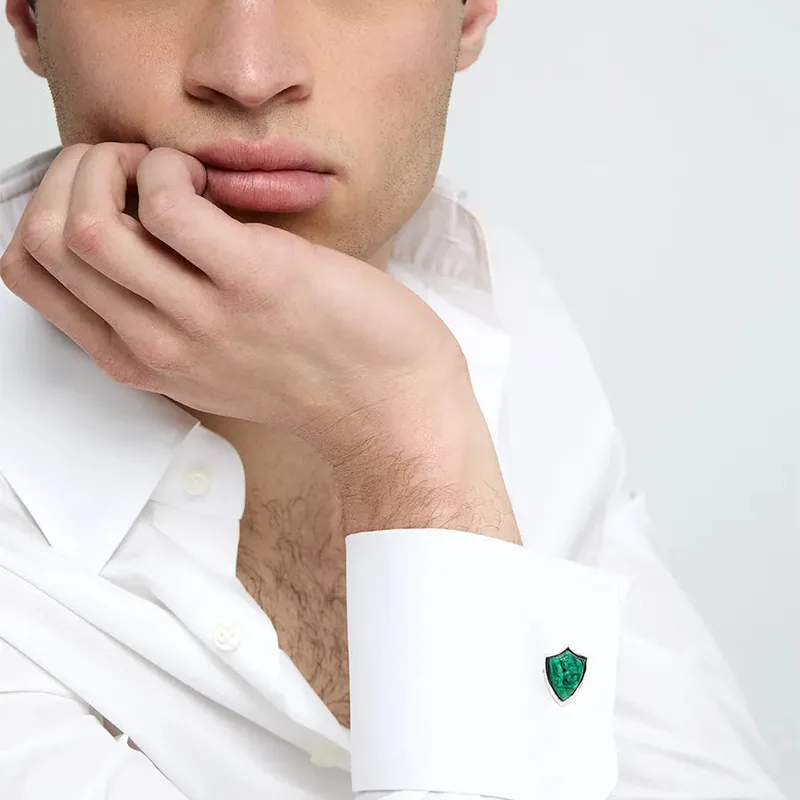 Carved Lion Malachite Shield Cufflinks
