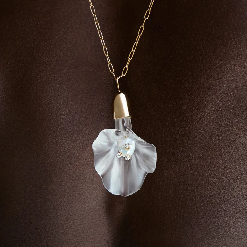 14kt Calla Lily Baroque Pearl and Diamond Necklace