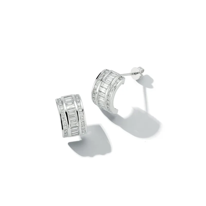 Platinum and Diamond Baguette Half Hoop Earrings